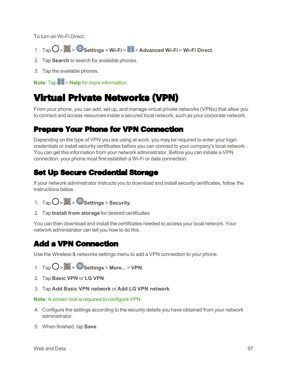 Virtual private networks (vpn), Prepare your phone for vpn connection, Set up secure credential storage | Add a vpn connection | LG G3 User Manual | Page 106 / 187