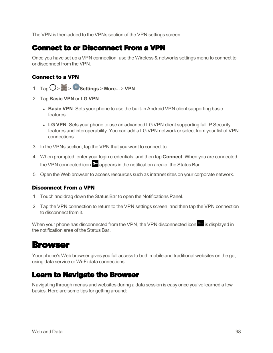 Connect to or disconnect from a vpn, Browser, Learn to navigate the browser | LG G3 User Manual | Page 107 / 187