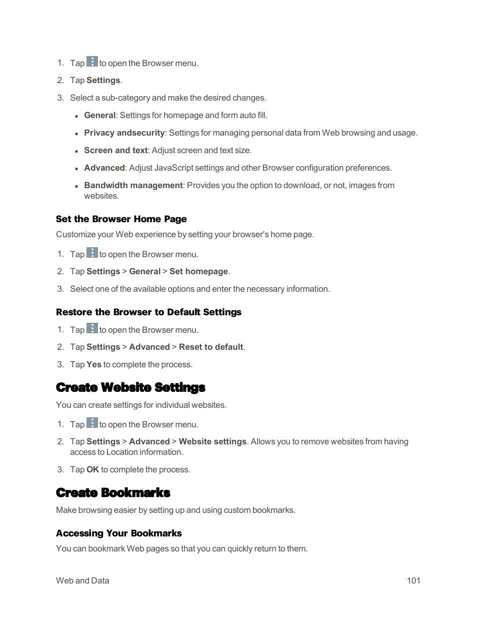 Create website settings, Create bookmarks | LG G3 User Manual | Page 110 / 187