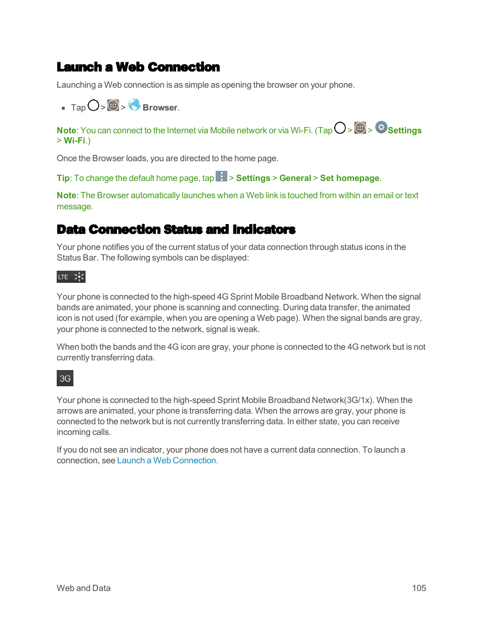 Launch a web connection, Data connection status and indicators | LG G3 User Manual | Page 114 / 187