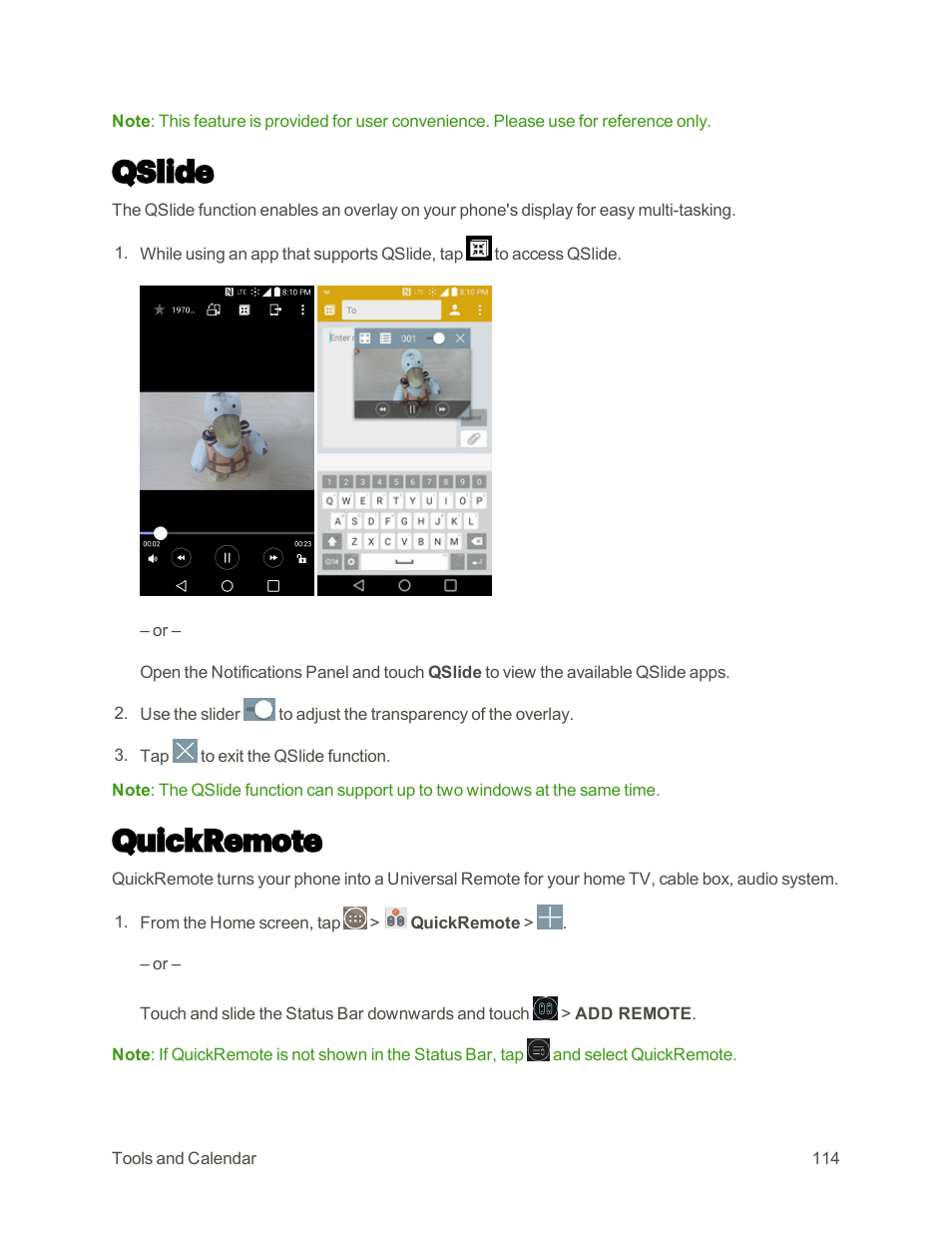 Qslide, Quickremote | LG G3 User Manual | Page 123 / 187