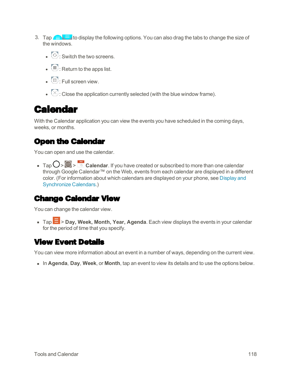 Calendar, Open the calendar, Change calendar view | View event details | LG G3 User Manual | Page 127 / 187