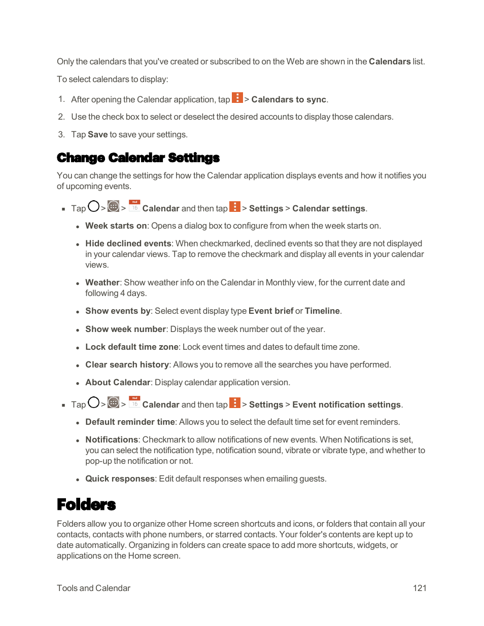 Change calendar settings, Folders | LG G3 User Manual | Page 130 / 187