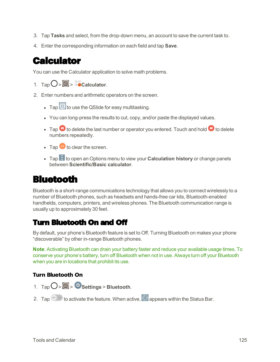Calculator, Bluetooth, Turn bluetooth on and off | LG G3 User Manual | Page 134 / 187