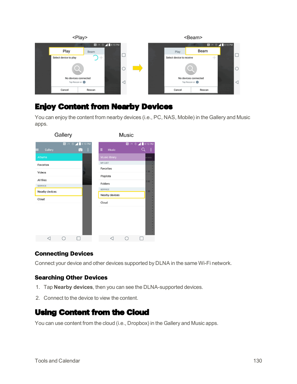 Enjoy content from nearby devices, Using content from the cloud | LG G3 User Manual | Page 139 / 187