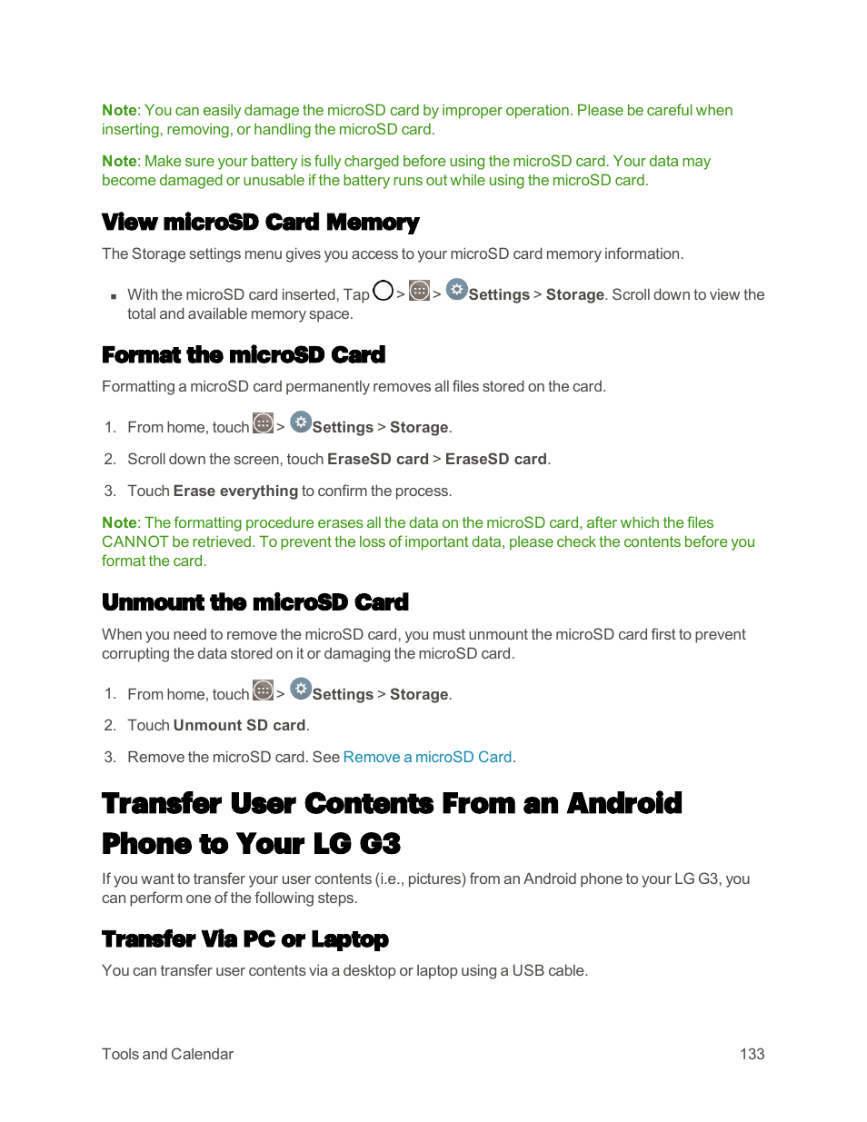 View microsd card memory, Format the microsd card, Unmount the microsd card | Transfer via pc or laptop | LG G3 User Manual | Page 142 / 187