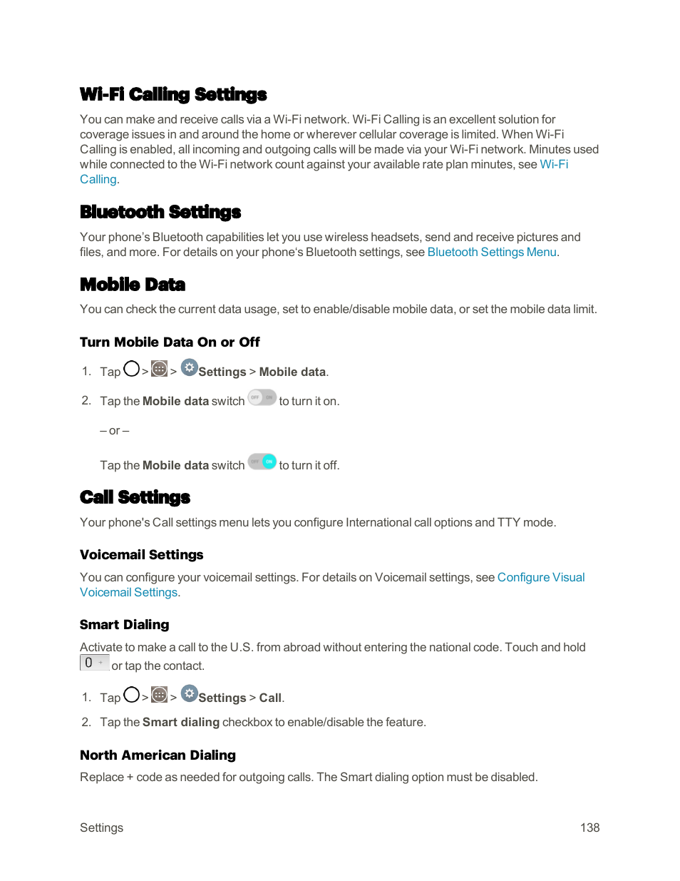 Wi-fi calling settings, Bluetooth settings, Mobile data | Call settings | LG G3 User Manual | Page 147 / 187