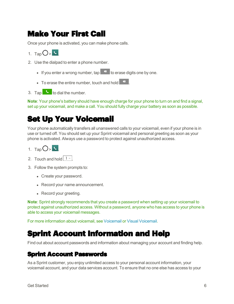 Make your first call, Set up your voicemail, Sprint account information and help | Sprint account passwords | LG G3 User Manual | Page 15 / 187
