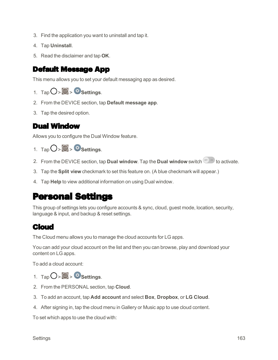 Default message app, Dual window, Personal settings | Cloud | LG G3 User Manual | Page 172 / 187