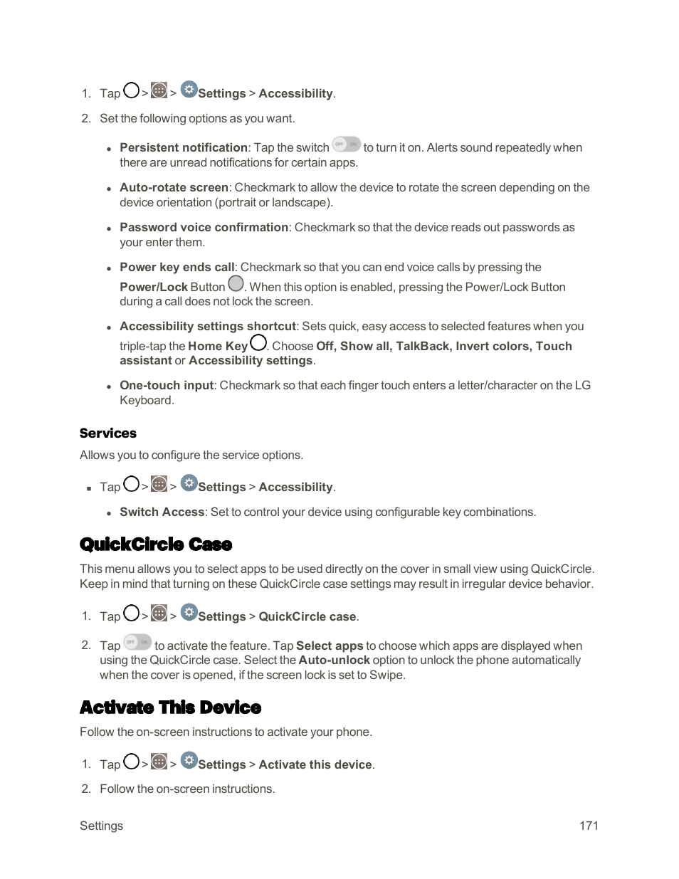 Quickcircle case, Activate this device | LG G3 User Manual | Page 180 / 187