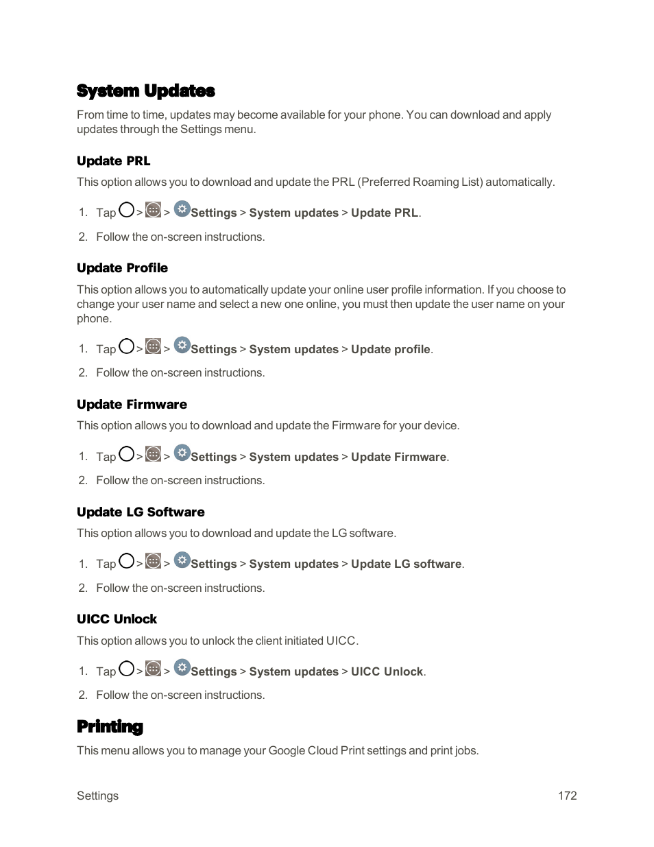 System updates, Printing | LG G3 User Manual | Page 181 / 187