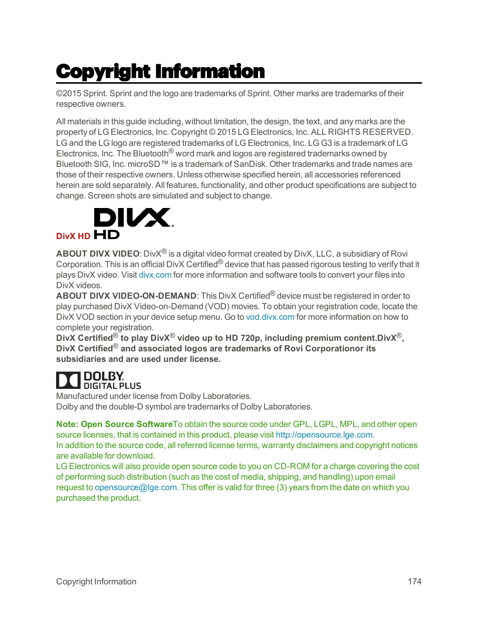 Copyright information | LG G3 User Manual | Page 183 / 187