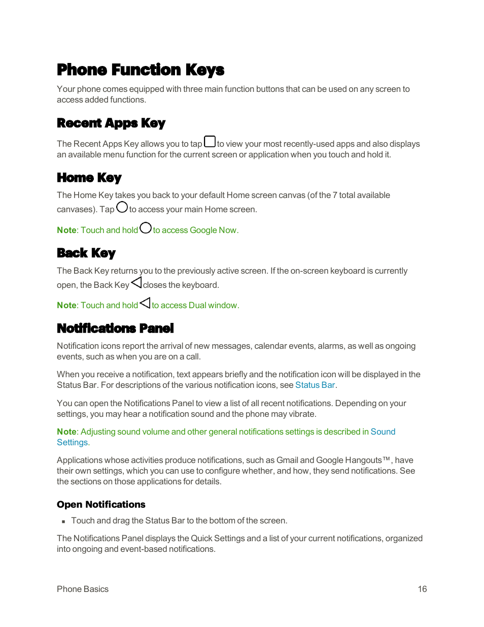 Phone function keys, Recent apps key, Home key | Back key, Notifications panel | LG G3 User Manual | Page 25 / 187