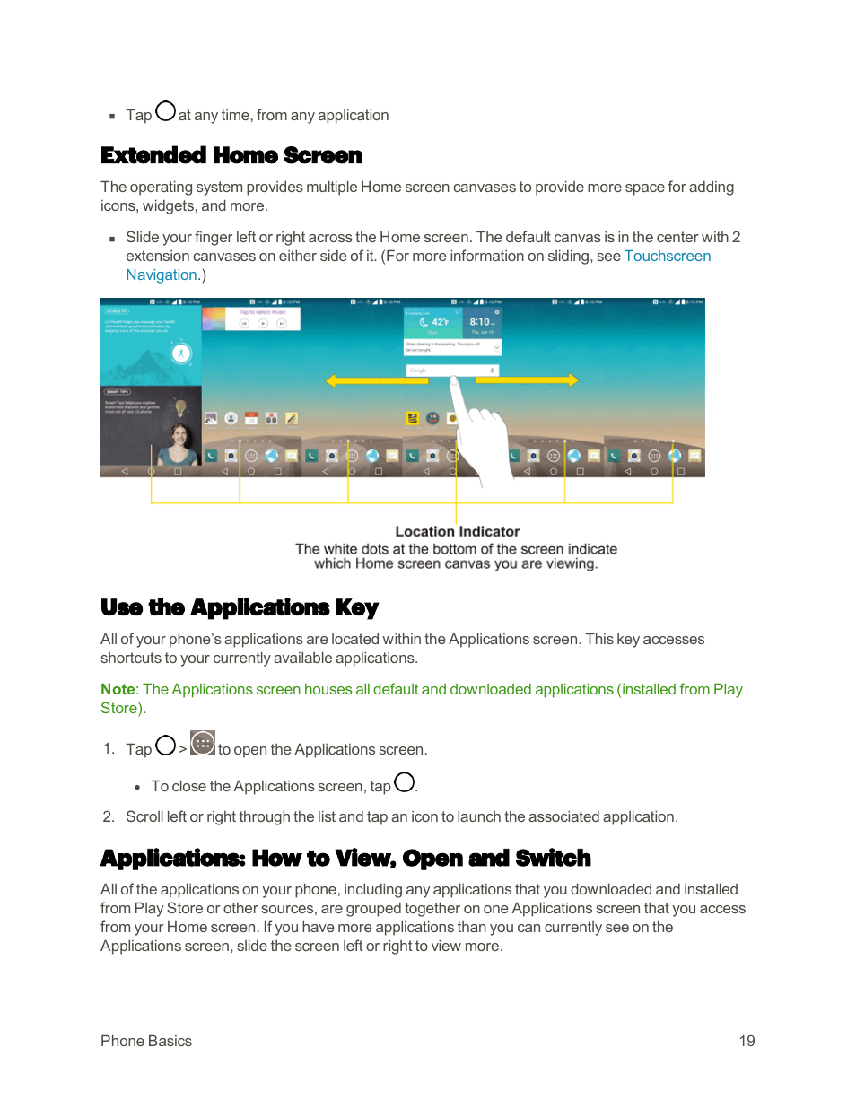 Extended home screen, Use the applications key, Applications: how to view, open and switch | LG G3 User Manual | Page 28 / 187