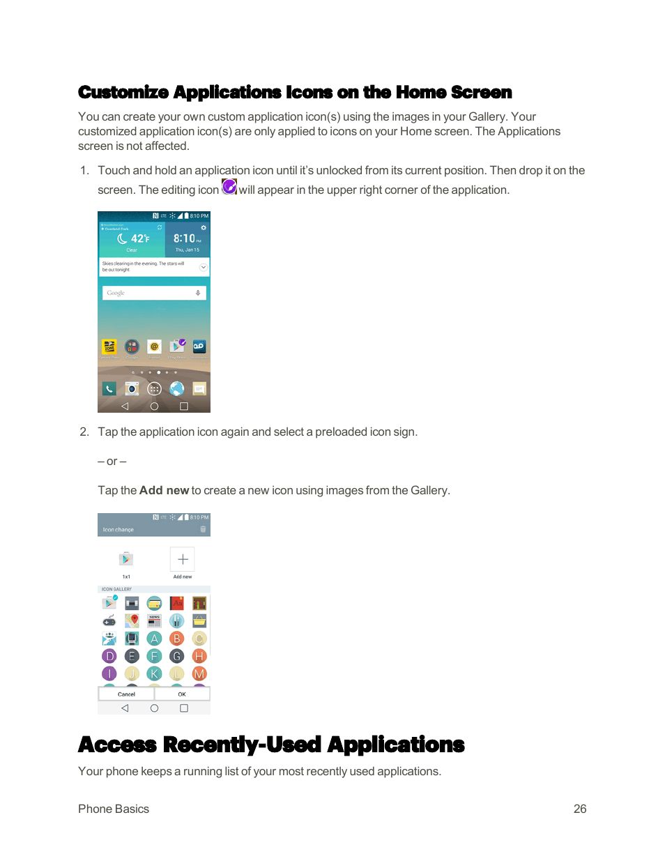 Customize applications icons on the home screen, Access recently-used applications | LG G3 User Manual | Page 35 / 187