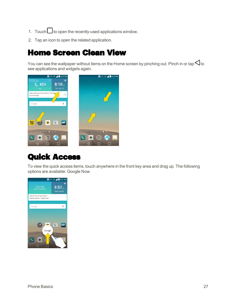 Home screen clean view, Quick access | LG G3 User Manual | Page 36 / 187