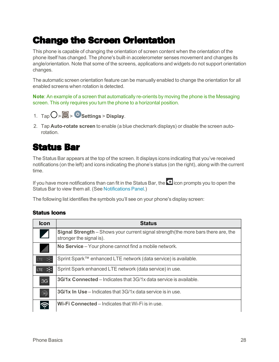 Change the screen orientation, Status bar | LG G3 User Manual | Page 37 / 187