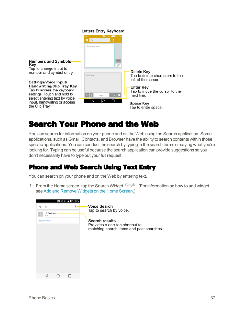 Search your phone and the web, Phone and web search using text entry | LG G3 User Manual | Page 46 / 187
