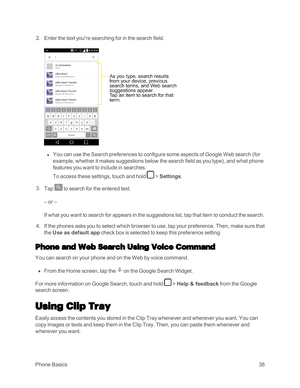 Phone and web search using voice command, Using clip tray | LG G3 User Manual | Page 47 / 187