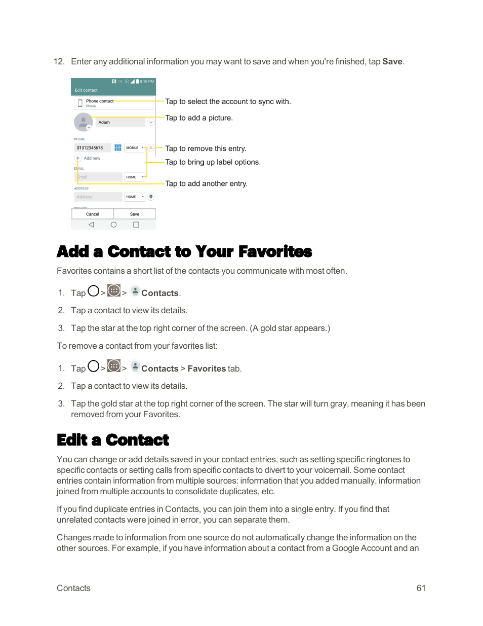 Add a contact to your favorites, Edit a contact | LG G3 User Manual | Page 70 / 187