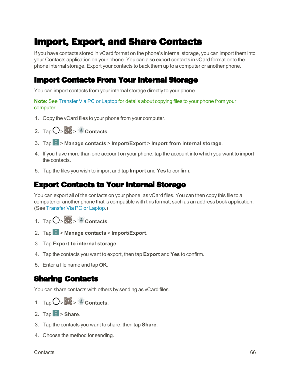 Import, export, and share contacts, Import contacts from your internal storage, Export contacts to your internal storage | Sharing contacts | LG G3 User Manual | Page 75 / 187