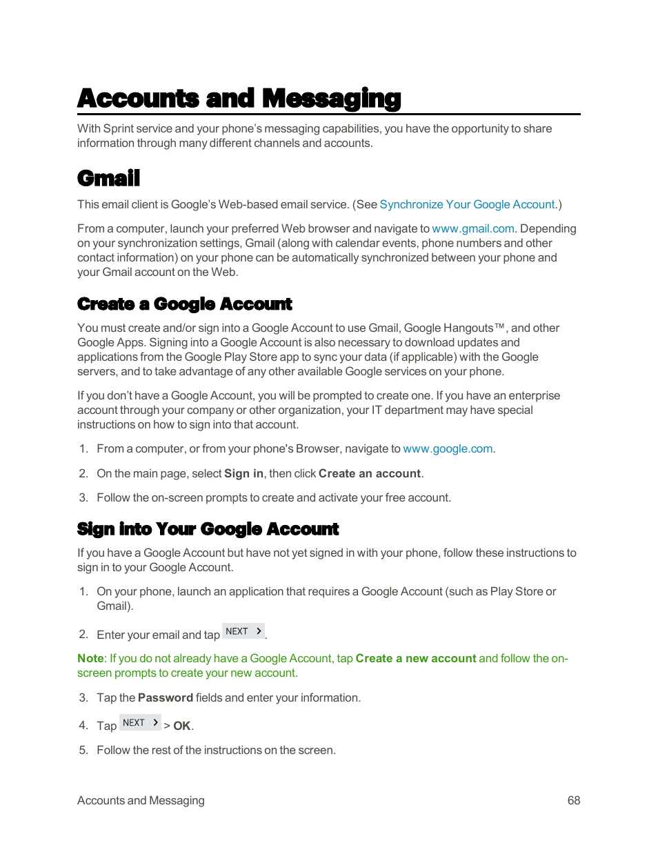Accounts and messaging, Gmail, Create a google account | Sign into your google account | LG G3 User Manual | Page 77 / 187