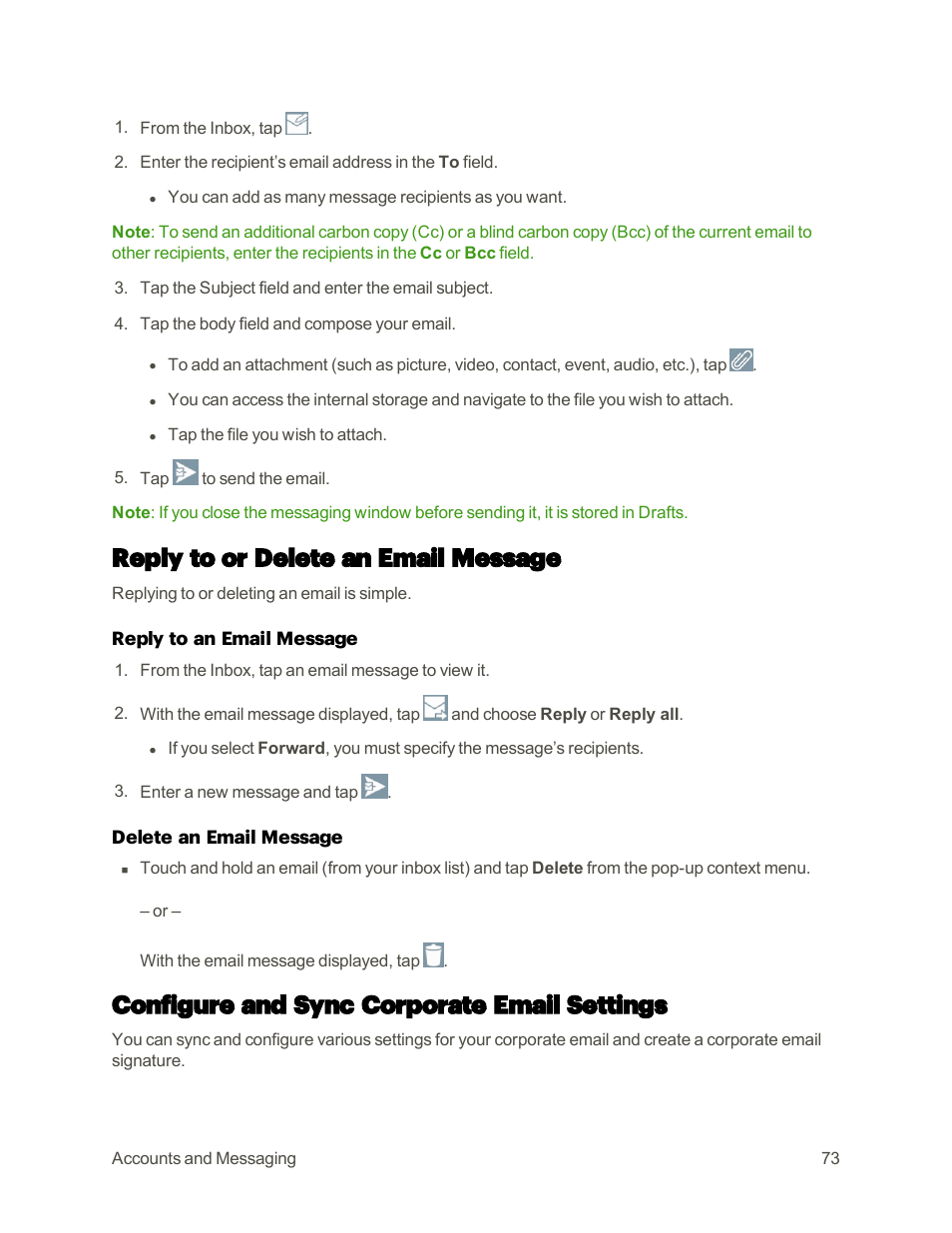 Reply to or delete an email message, Configure and sync corporate email settings | LG G3 User Manual | Page 82 / 187