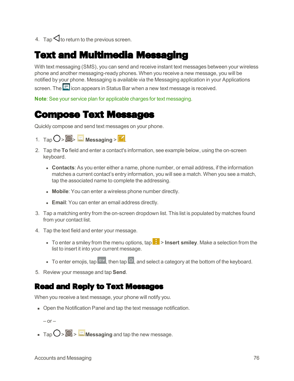 Text and multimedia messaging, Compose text messages, Read and reply to text messages | Text and multimedia, Messaging | LG G3 User Manual | Page 85 / 187