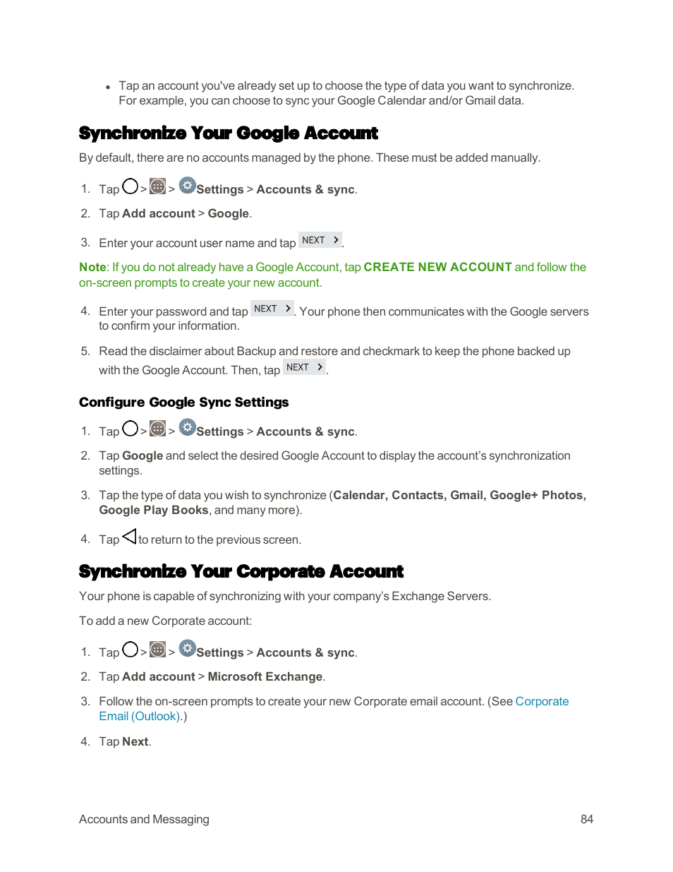 Synchronize your google account, Synchronize your corporate account | LG G3 User Manual | Page 93 / 187