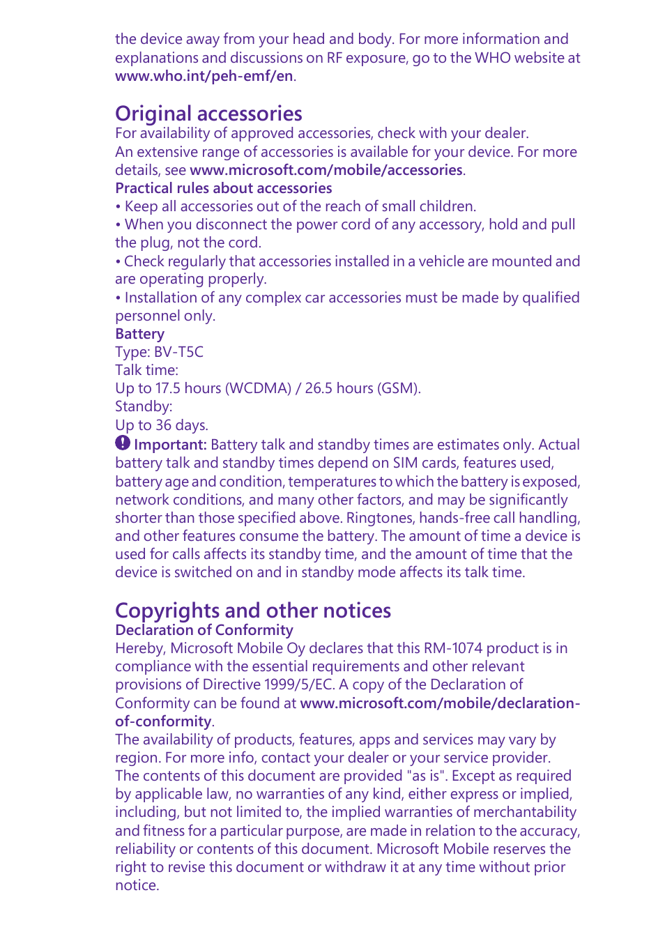 Original accessories, Copyrights and other notices | Microsoft Lumia 640 LTE Single Sim User Manual | Page 14 / 23