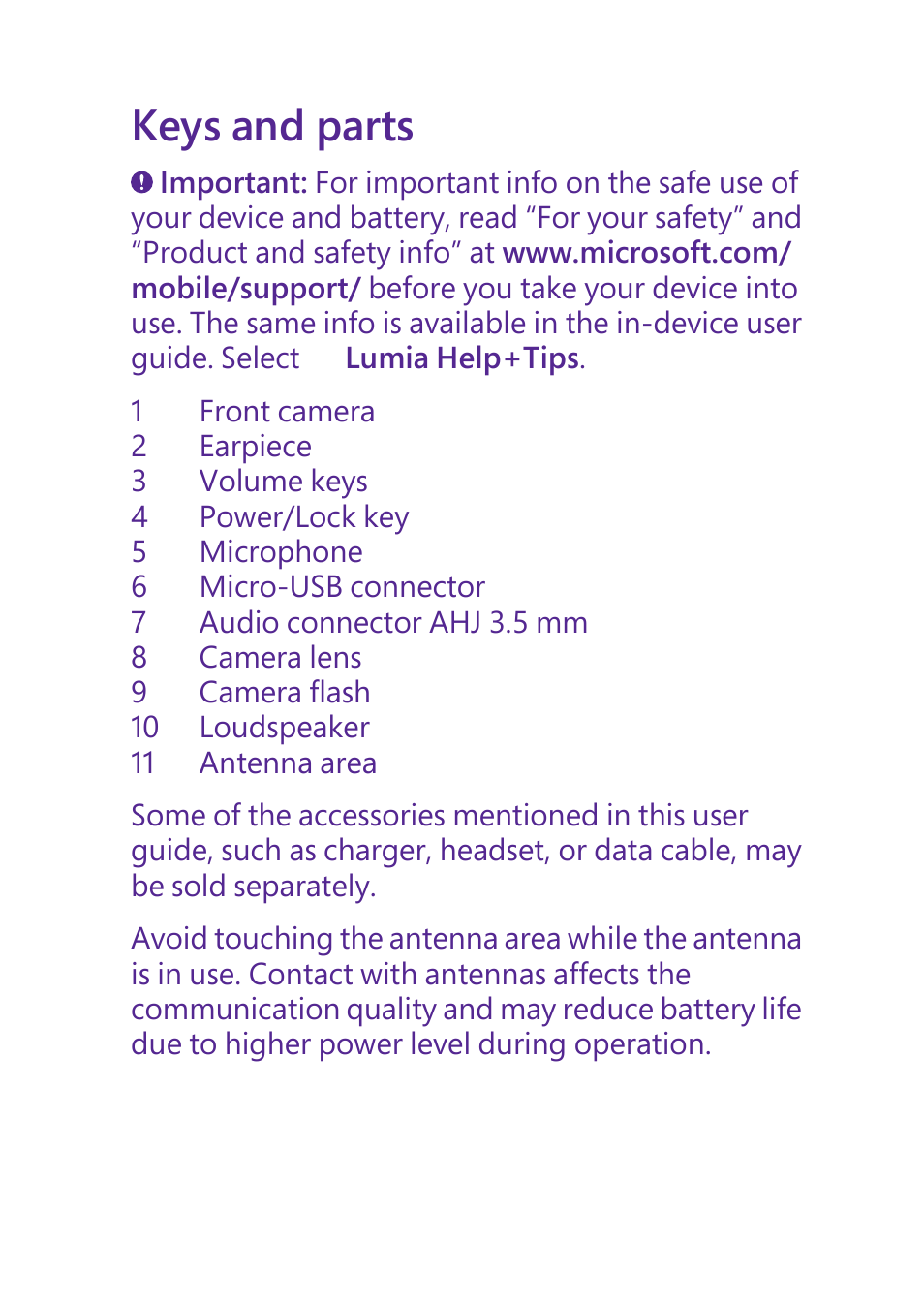 Keys and parts | Microsoft Lumia 640 LTE Single Sim User Manual | Page 2 / 23