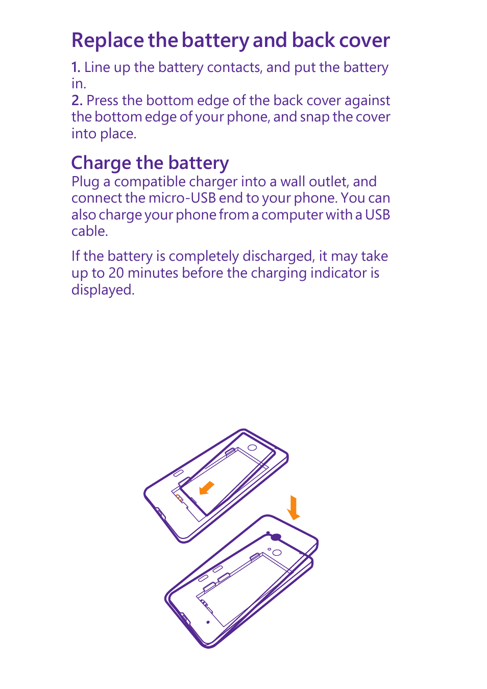 Replace the battery and back cover, Charge the battery | Microsoft Lumia 640 LTE Single Sim User Manual | Page 6 / 23
