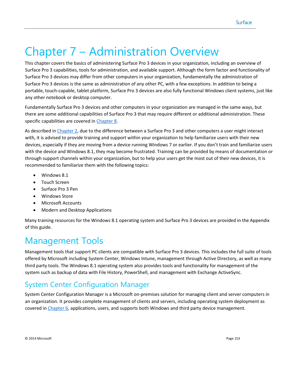 Chapter 7 – administration overview, Management tools, System center configuration manager | Chapter 7, Chapter 7: administration overview | Microsoft Surface 3 User Manual | Page 153 / 166