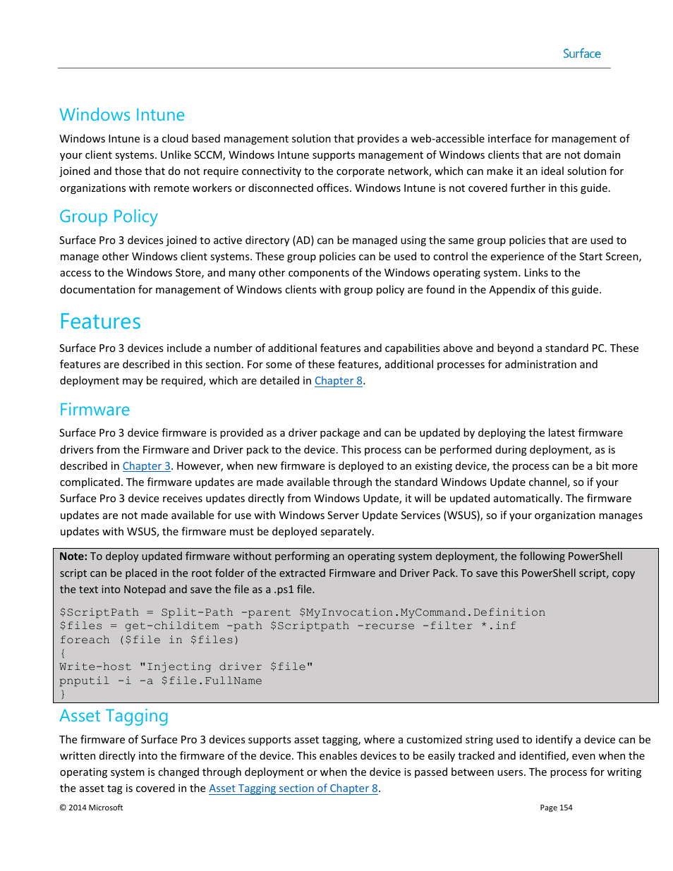 Windows intune, Group policy, Features | Firmware, Asset tagging | Microsoft Surface 3 User Manual | Page 154 / 166