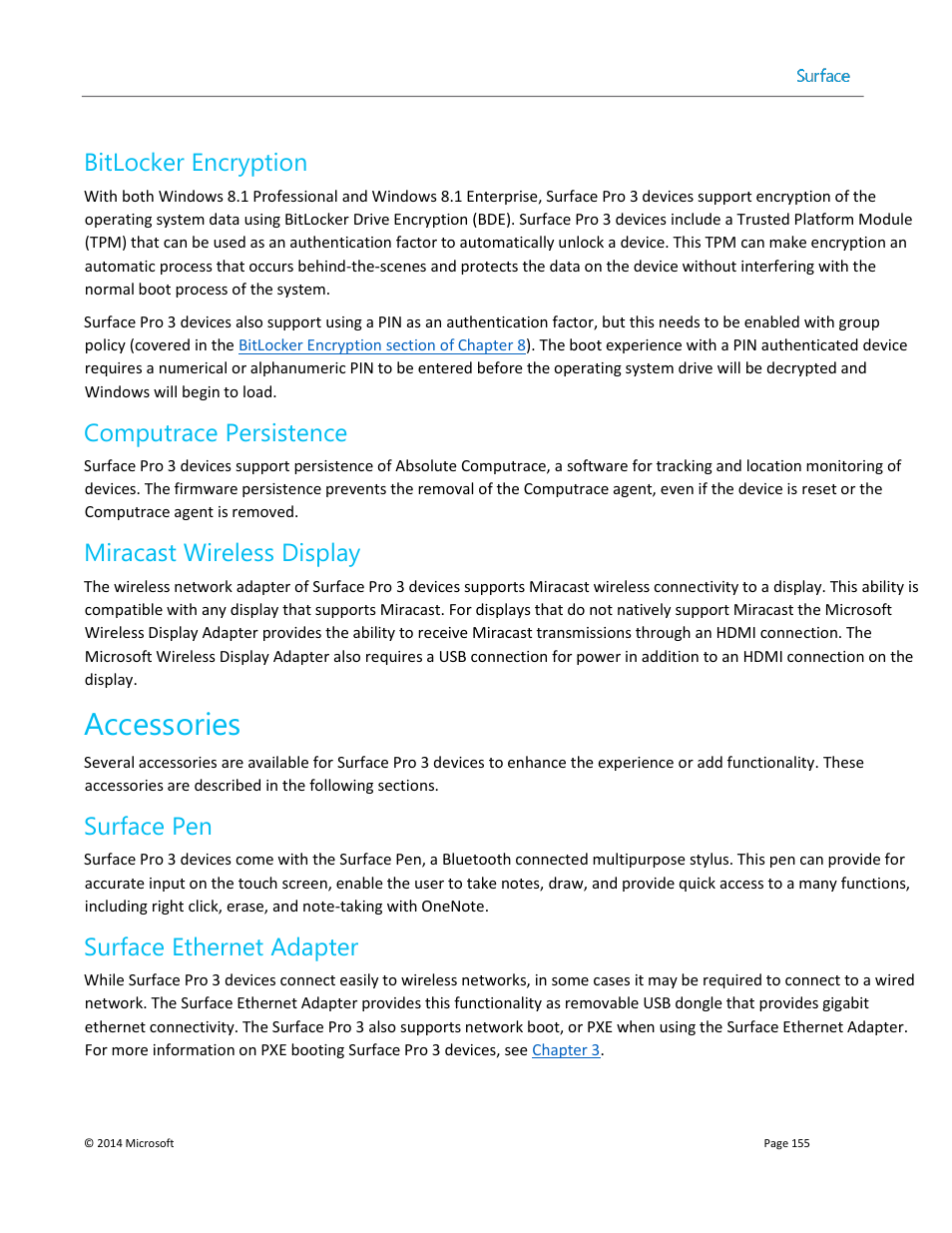 Bitlocker encryption, Computrace persistence, Miracast wireless display | Accessories, Surface pen, Surface ethernet adapter | Microsoft Surface 3 User Manual | Page 155 / 166