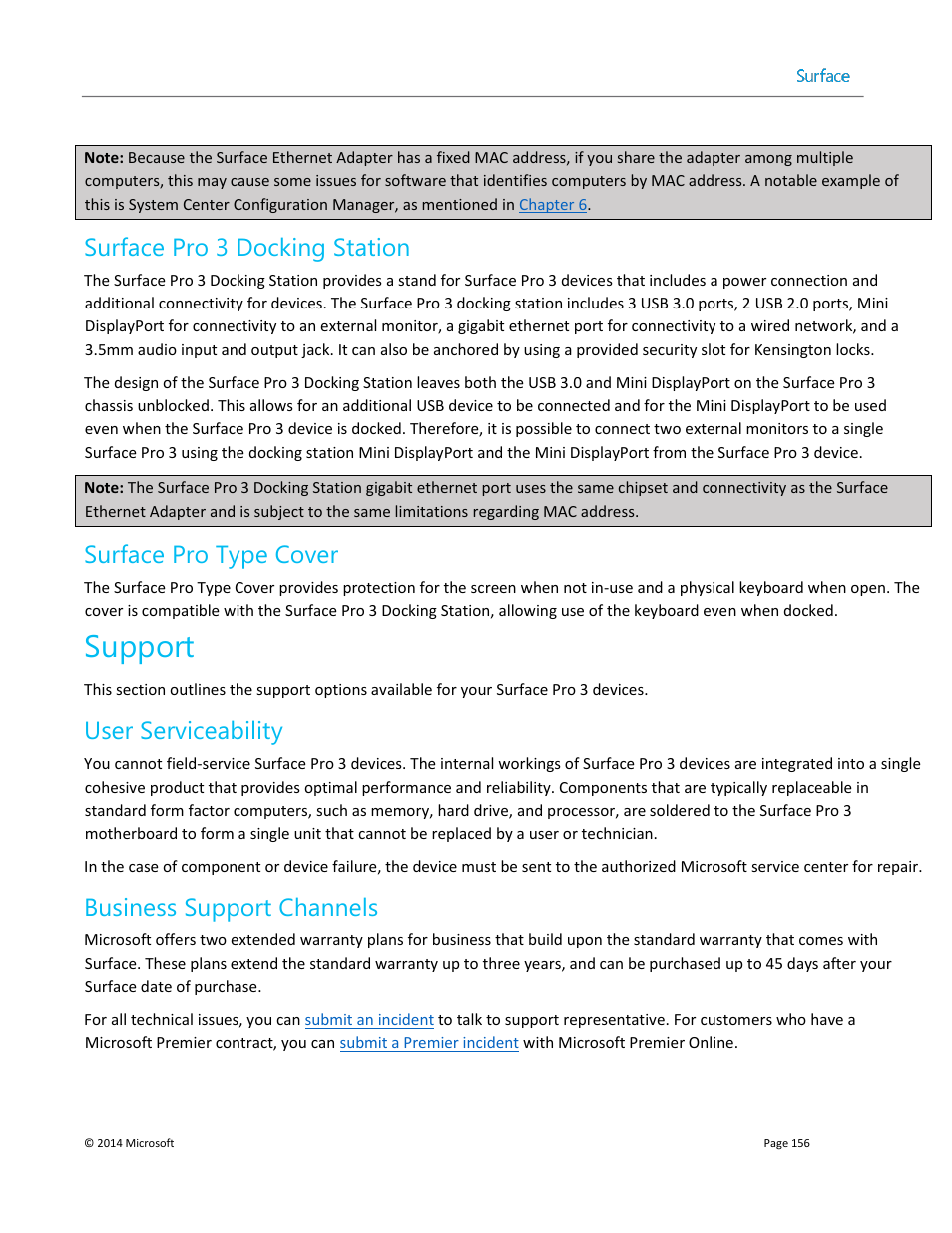 Surface pro 3 docking station, Surface pro type cover, User serviceability | Business support channels, Support | Microsoft Surface 3 User Manual | Page 156 / 166