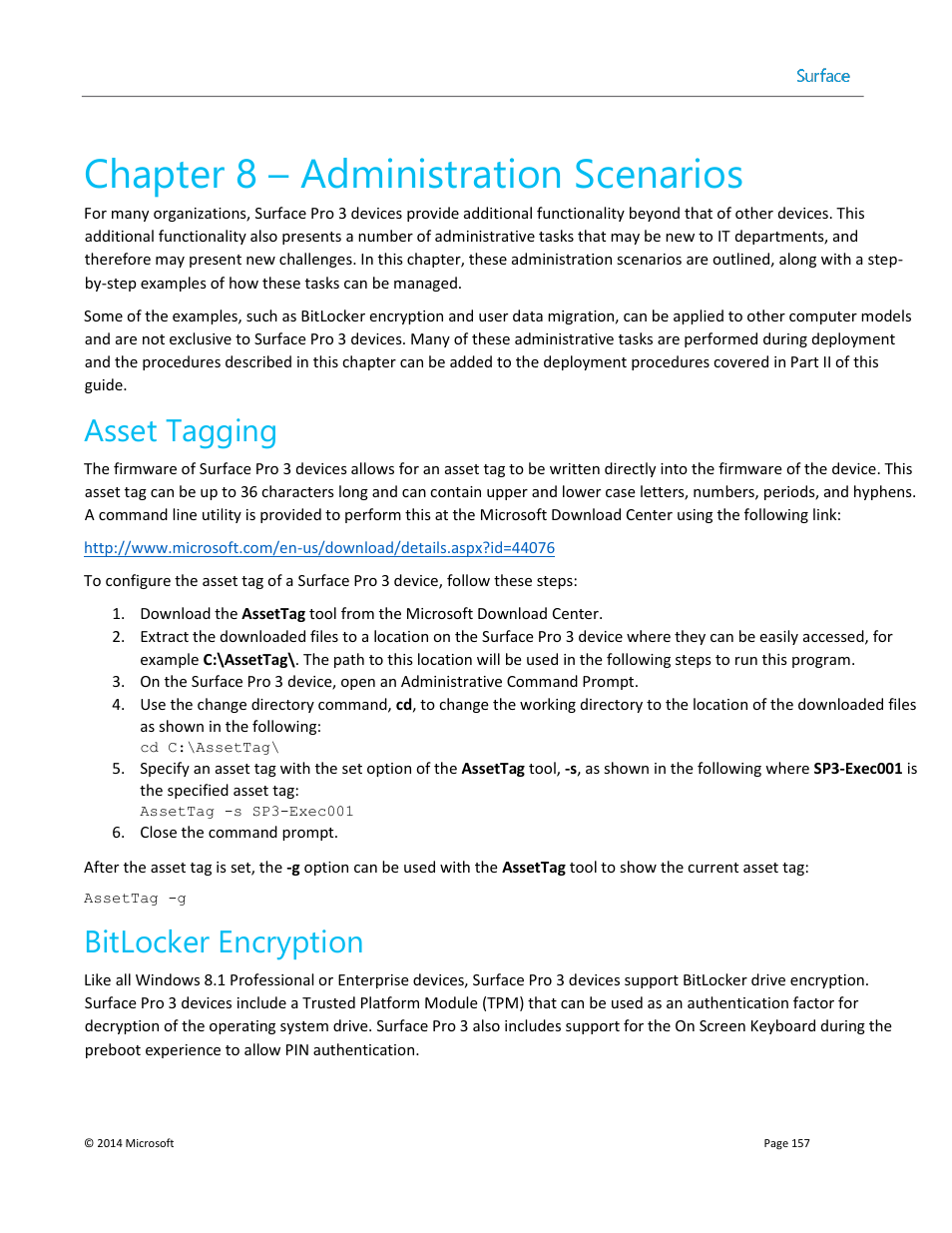 Chapter 8 – administration scenarios, Asset tagging, Bitlocker encryption | Chapter 8, Chapter 8: surface pro 3 administration scenarios, Asset tagging section of chapter 8, Bitlocker encryption section of chapter 8 | Microsoft Surface 3 User Manual | Page 157 / 166