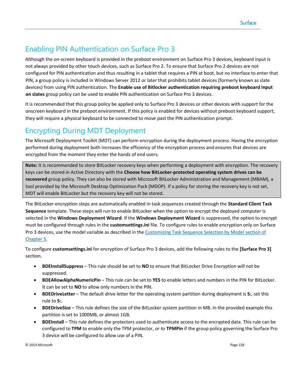 Enabling pin authentication on surface pro 3, Encrypting during mdt deployment | Microsoft Surface 3 User Manual | Page 158 / 166