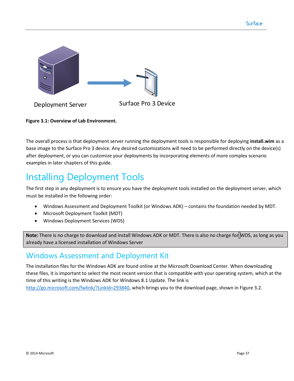 Installing deployment tools, Windows assessment and deployment kit, Surface pro 3 device deployment server | Microsoft Surface 3 User Manual | Page 37 / 166