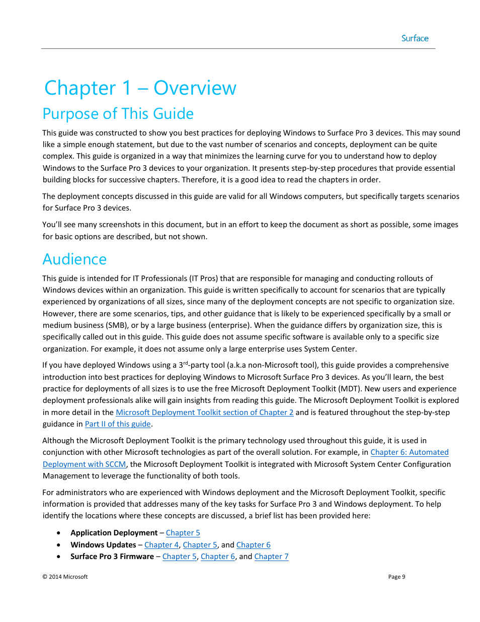 Chapter 1 – overview, Purpose of this guide, Audience | Microsoft Surface 3 User Manual | Page 9 / 166