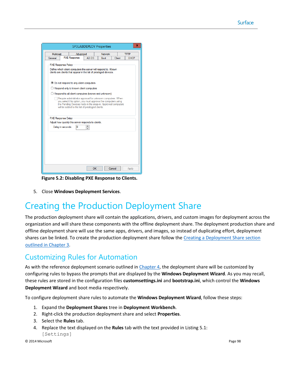 Creating the production deployment share, Customizing rules for automation | Microsoft Surface 3 User Manual | Page 98 / 166