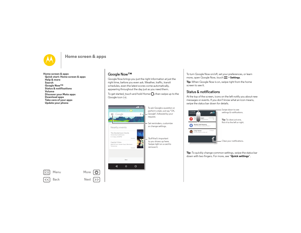 Google now, Status & notifications, Google now™ status & notifications | Next, Home screen & apps, Back next menu more | Motorola moto E User Manual | Page 11 / 70