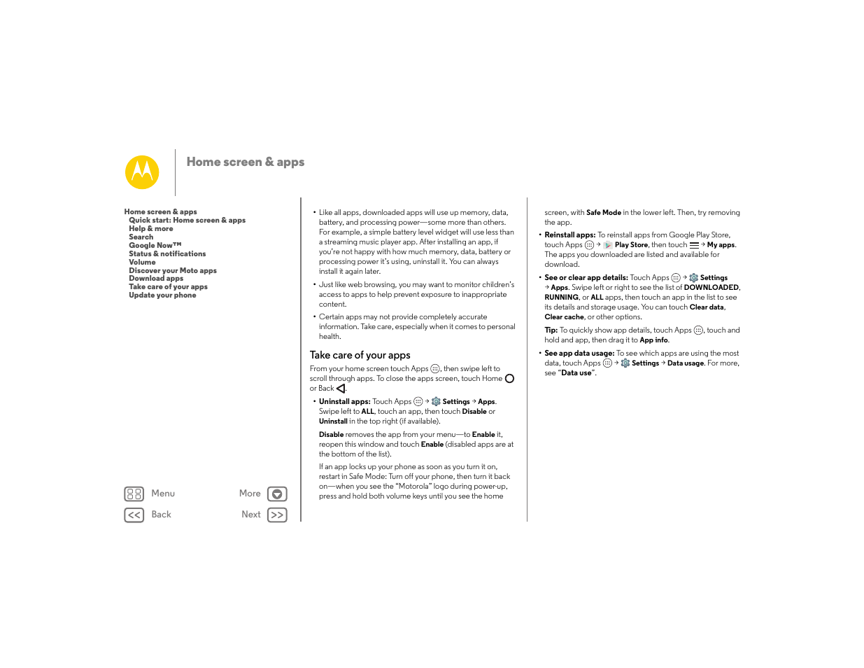 Take care of your apps, Next, Home screen & apps | Motorola moto E User Manual | Page 15 / 70