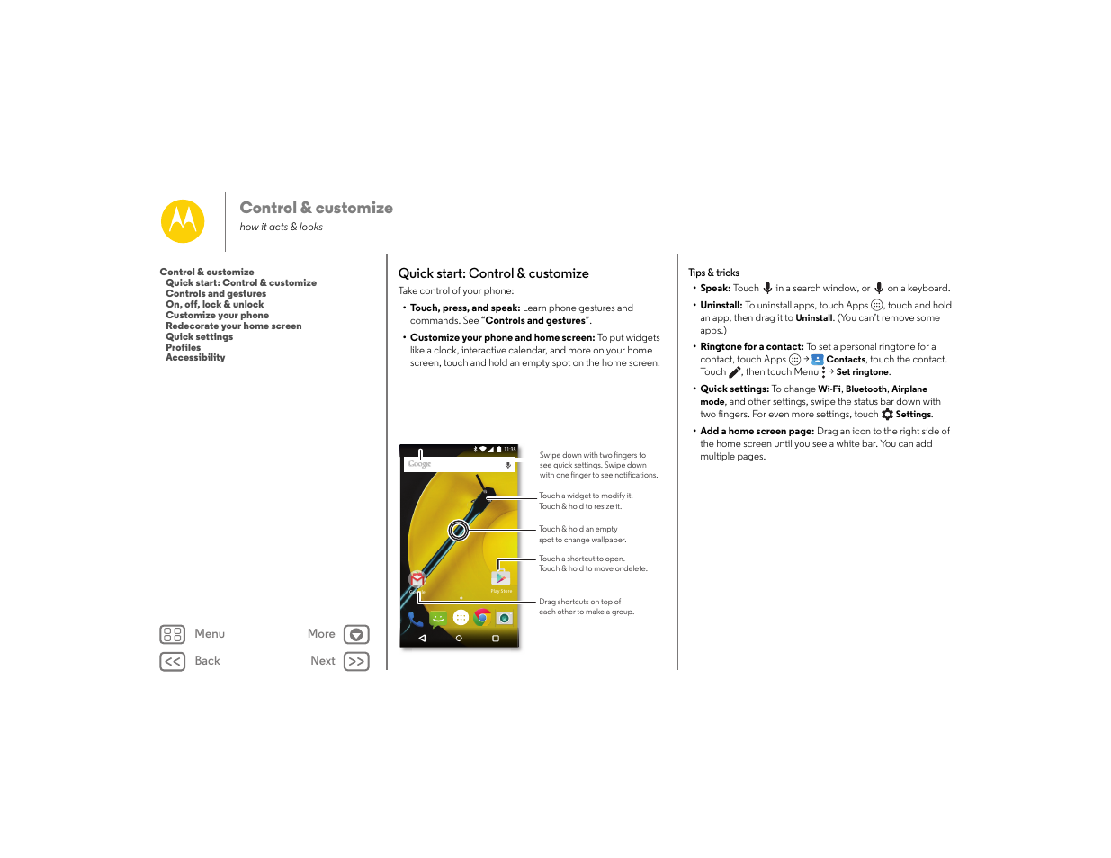 Control & customize, Quick start: control & customize, Next | Motorola moto E User Manual | Page 17 / 70