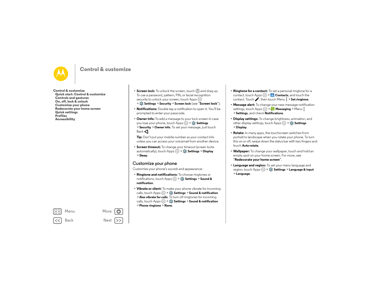 Customize your phone, Next, Control & customize | Motorola moto E User Manual | Page 20 / 70