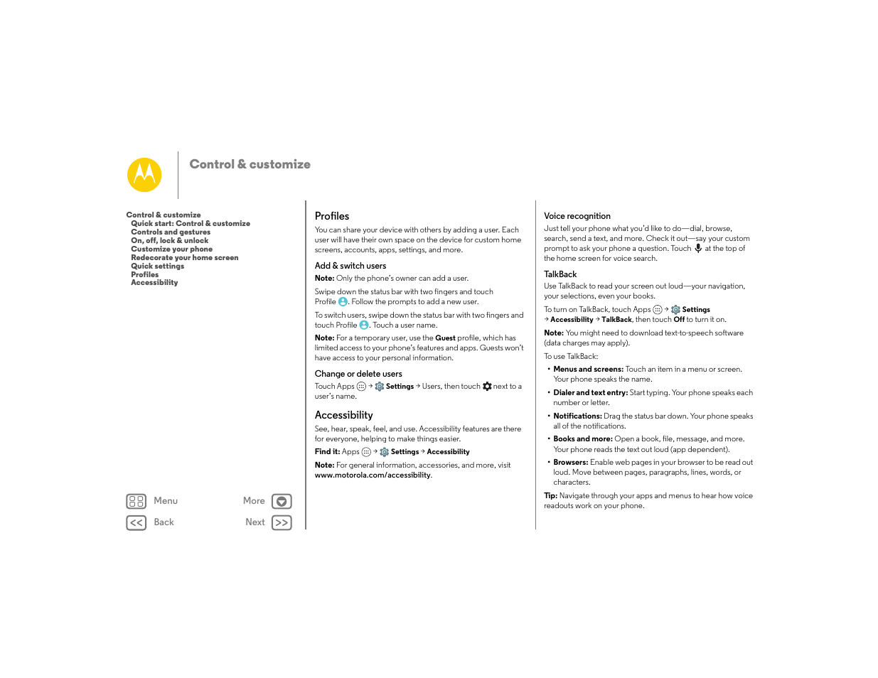 Profiles, Accessibility, Profiles accessibility | Talkback, Next, Control & customize | Motorola moto E User Manual | Page 22 / 70