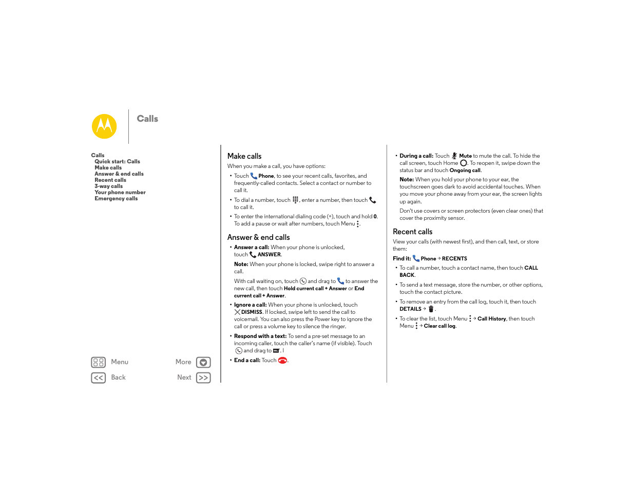 Make calls, Answer & end calls, Recent calls | Next, Make calls answer & end calls recent calls, Calls | Motorola moto E User Manual | Page 28 / 70