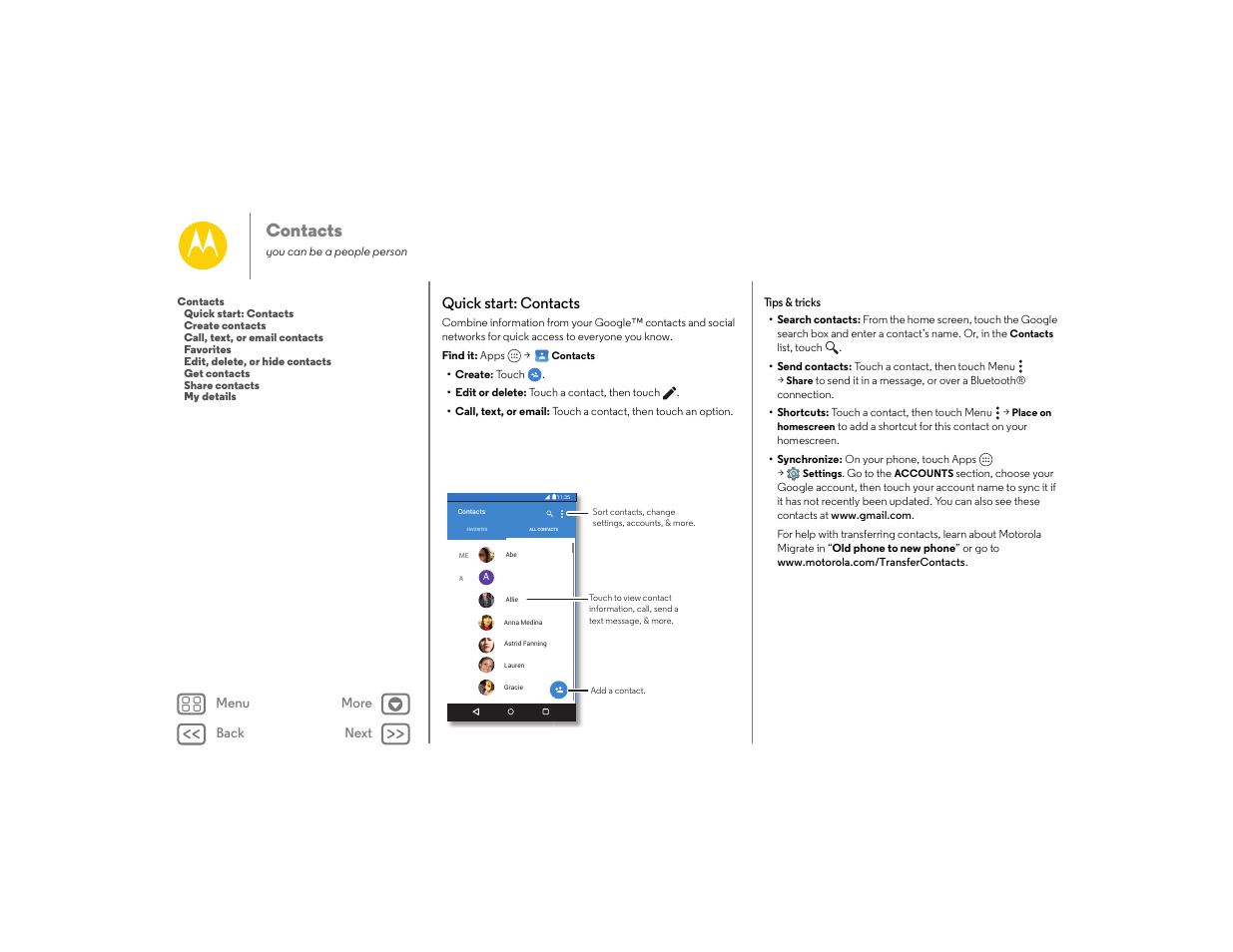 Contacts, Quick start: contacts, Next | Motorola moto E User Manual | Page 30 / 70