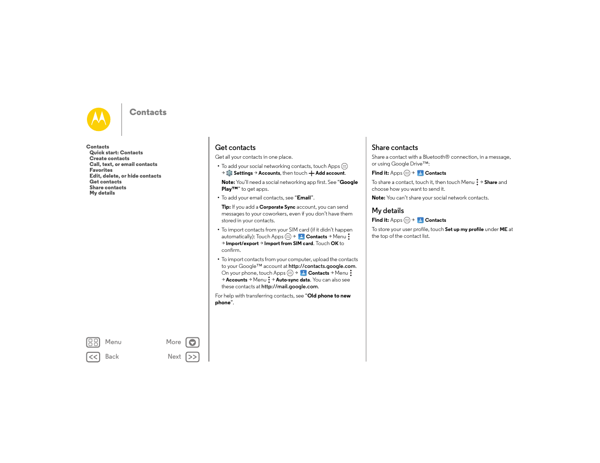 Get contacts, Share contacts, My details | Get contacts share contacts my details, Next, Contacts | Motorola moto E User Manual | Page 32 / 70