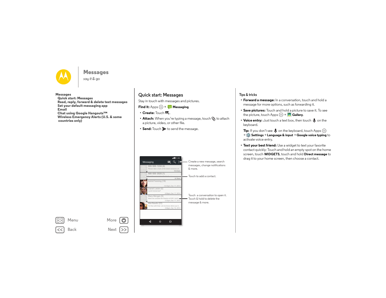 Messages, Quick start: messages, Next | Motorola moto E User Manual | Page 33 / 70